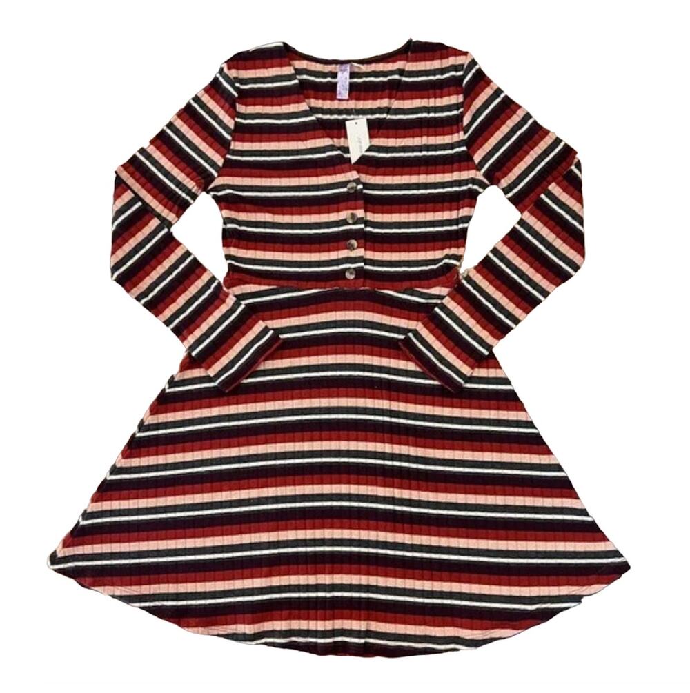 NWT Francesca's Alya Burgundy/Cream/Rust/Green Striped Dress